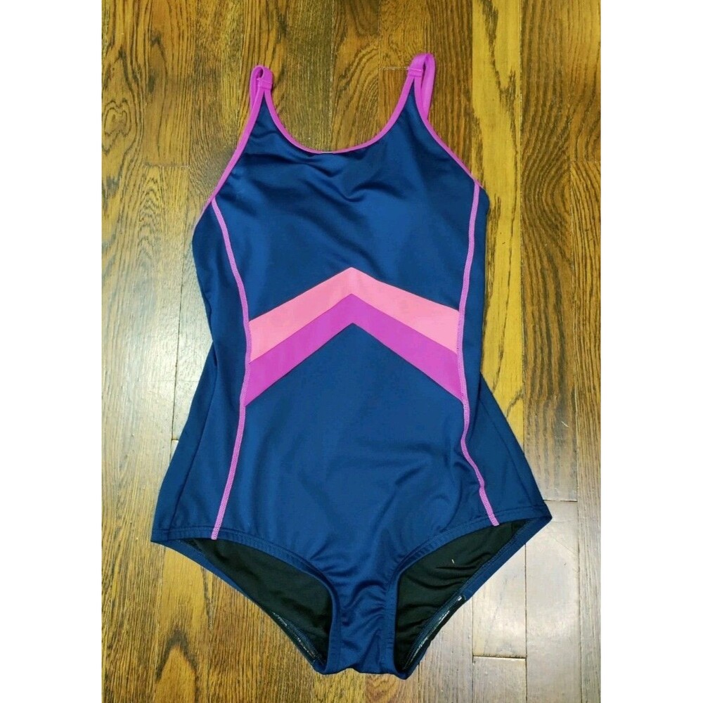 Gabar One Piece Swimsuit Size 12 Navy Blue Coral Purple Chevron Pattern EUC